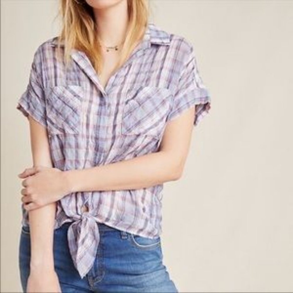 Anthro Cloth & Stone Liya Tie waist plaid blouse